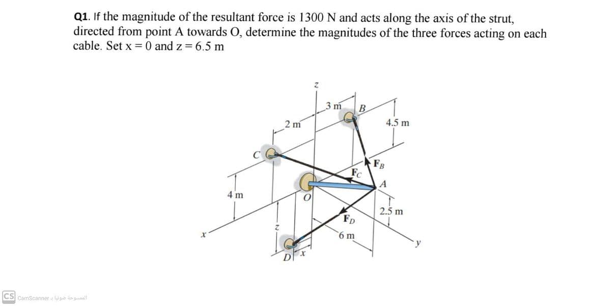 Q1. If the magnitude of the resultant force is 1300 N and acts along the axis of the strut,
directed from point A towards O, determine the magnitudes of the three forces acting on each
cable. Set x = 0 and z = 6.5 m
3 m
В
4.5 m
2 m
FB
Fc
A
4 m
2.5 m
FD
6 m
CS CamScanner - Wguo guaal
