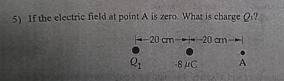 5) If the electric field at point A is zero. What is charge Q₁?
-20 cm 20 cm-
O
-8 μC
2₁
0
A