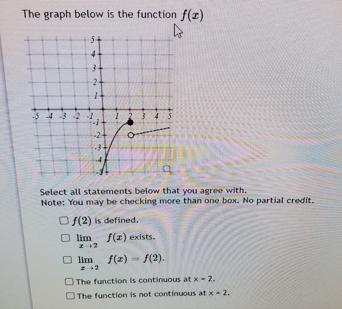 The graph below is the function f(x)
5+
3+
24
-5 -4 -3 -2 1
3 4 5
-2.
-3+
Select all statements below that you agree with.
Note: You may be checking more than one box. No partial credit.
O f(2) is defined.
lim
f(x) exists.
lim
f(x) = f(2).
OThe function is continuous at x = 2.
The function is not continuous at x = 2.
