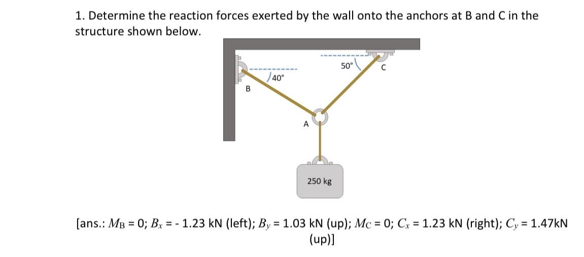 1. Determine the reaction forces exerted by the wall onto the anchors at B and C in the
structure shown below.
50°
40°
В
A
250 kg
[ans.: MB = 0; Bx = - 1.23 kN (left); By = 1.03 kN (up); Mc = 0; Cx = 1.23 kN (right); Cy = 1.47kN
(up)]

