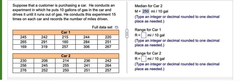 Suppose that a customer is purchasing a car. He conducts an
experiment in which he puts 10 gallons of gas in the car and
drives it until it runs out of gas. He conducts this experiment 15
times on each car and records the number of miles driven.
Median for Car 2
M = 250 mi / 10 gal
(Type an integer or decimal rounded to one decimal
place as needed.)
Full data setO
Range for Car 1
R=O mi / 10 gal
(Type an integer or decimal rounded to one decimal
place as needed.)
Car 1
245
242
215
244
220
265
291
160
284
251
169
319
257
306
267
Range for Car 2
R=O mi / 10 gal
(Type an integer or decimal rounded to one decimal
place as needed.)
Car 2
230
206
214
236
242
256
245
255
241
264
276
252
250
251
257
