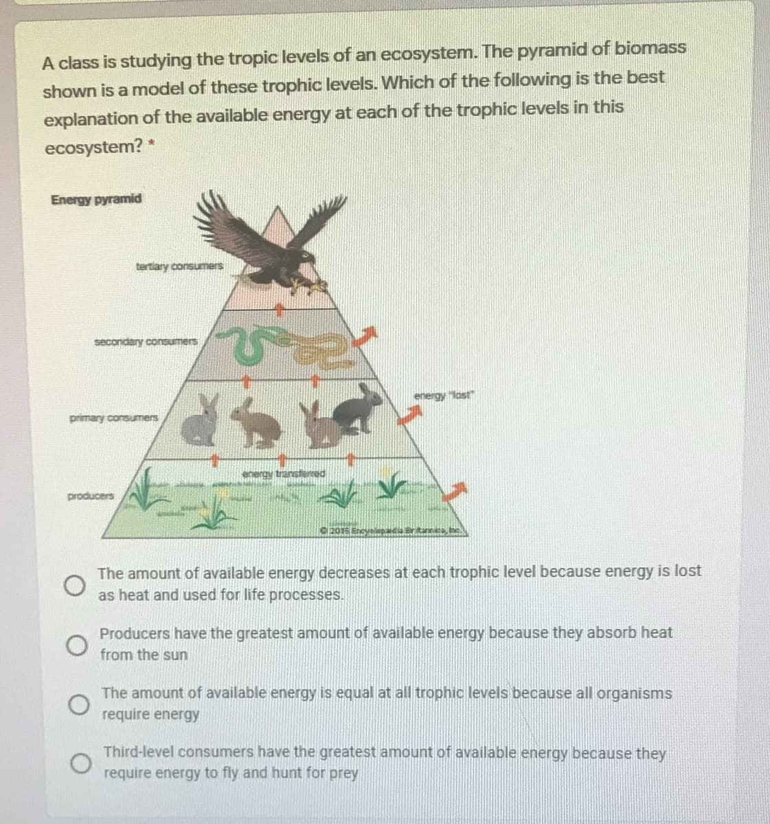 A class is studying the tropic levels of an ecosystem. The pyramid of biomass
shown is a model of these trophic levels. Which of the following is the best
explanation of the available energy at each of the trophic levels in this
ecosystem? *
Energy pyramid
tertiary consumers
secondary consumers
energy "lost
primary consumers
energy transfered
producers
C2015 Encyada Brtanes be
The amount of available energy decreases at each trophic level because energy is lost
as heat and used for life processes.
Producers have the greatest amount of available energy because they absorb heat
from the sun
The amount of available energy is equal at all trophic levels because all organisms
require energy
Third-level consumers have the greatest amount of available energy because they
require energy to fly and hunt for prey
