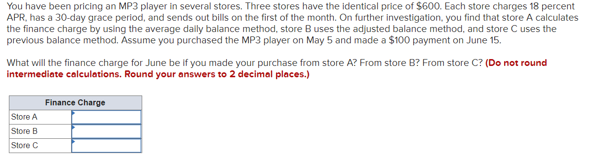 You have been pricing an MP3 player in several stores. Three stores have the identical price of $600. Each store charges 18 percent
APR, has a 30-day grace period, and sends out bills on the first of the month. On further investigation, you find that store A calculates
the finance charge by using the average daily balance method, store B uses the adjusted balance method, and store C uses the
previous balance method. Assume you purchased the MP3 player on May 5 and made a $100 payment on June 15.
What will the finance charge for June be if you made your purchase from store A? From store B? From store C? (Do not round
intermediate calculations. Round your answers to 2 decimal places.)
Finance Charge
Store A
Store B
Store C
