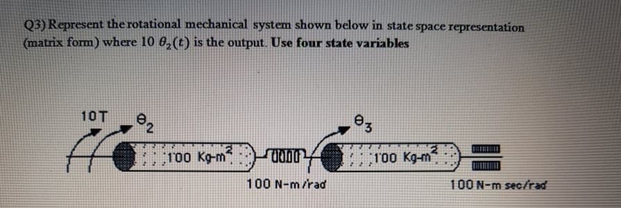 Q3) Represent the rotational mechanical system shown below in state space representation
(matrix form) where 10 6, (t) is the output. Use four state variables
10T
02
100 Kg-m
100 Kо-m
100N-m sec/rad
100 N-m/rad
