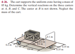 4-26. The cart supports the uniform crate having a mass of
85 kg. Determine the vertical reactions on the three casters
at A, B, and C. The caster at B is not shown. Neglect the
mass of the cart.
0.1 m
04 m
0.2 m
05 m
0.35 m
0.35 m

