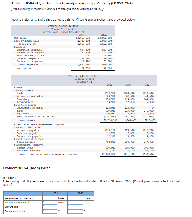 Problem 12-6A (Algo) Use ratlos to analyze risk and profitability (LO12-3, 12-4)
[The following information applies to the questions displayed below.]
Income statements and balance sheets data for Virtual Gaming Systems are provided below.
Net sales
Cost of goods sold
Gross profit
Expenses:
Operating expenses
Depreciation expense
Loss on sale of land
Interest expense
Income tax expense
Total expenses
Net income
Assets
Current assets:
Cash
VIRTUAL GAMING SYSTEMS
Income Statements
For the Years Ended December 31
Accounts receivable
Inventory
Prepaid rent
Long-term assets:
Investment in bonds
Land
Equipment
Less: Accumulated depreciation
Total assets
Liabilities and Stockholders' Equity
Current liabilities:
Accounts payable
Interest payable
Receivables turnover ratio
Inventory turnover ratio
Current ratio
Debt to equity ratio
Income tax payable
Long-term liabilities:
Notes payable
Stockholders' equity:
Connon stock
Retained earnings
Total liabilities and stockholders' equity
2024
2825
$3,555,000
2,489,000
1,066,000
times
times
%
964,000
39,000
22,500
8,900
1,034,400
31,600
VIRTUAL GAMING SYSTEMS
Balance Sheets
December 31
2024
$3,081,000
1,959,000
1,122,000
2025
times
times
867,000
31,500
8,980
19,500
52,500
979,480
142,600
2025
$214,500
88,500
138,500
14,980
114,000
309,000
309,000
(121,500)
$1,066,900
$118, 200
11,700
12,900
490,000
309,000
125,100
$1,066,900
2024
$195,000
90,000
114,000
12,900
114,000
219,000
279,000
(82,500)
$941,400
$75,000
7,800
19,500
294,000
309,000
236,100
$941,400
Problem 12-6A (Algo) Part 1
Required:
1. Assuming that all sales were on account, calculate the following risk ratios for 2024 and 2025: (Round your answers to 1 decimal
place.)
2023
$153,000
69,000
144,000
7,888
@
249,000
219,000
(51,000)
$790,088
$134,780
3,900
14,988
234,000
309,000
93,500
$790,080