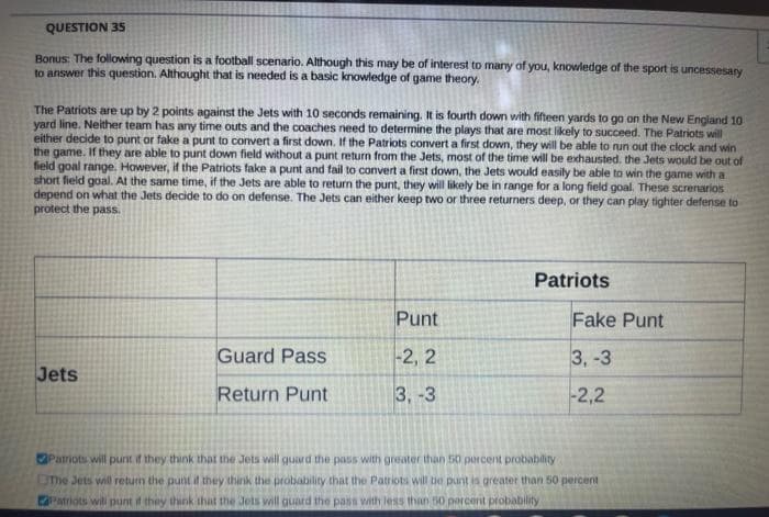 QUESTION 35
Bonus: The following question is a football scenario. Although this may be of interest to many of you, knowledge of the sport is uncessesary
to answer this question. Althought that is needed is a basic knowledge of game theory.
The Patriots are up by 2 points against the Jets with 10 seconds remaining. It is fourth down with fifteen yards to go on the New England 10
yard line. Neither team has any time outs and the coaches need to determine the plays that are most likely to succeed. The Patriots will
either decide to punt or fake a punt to convert a first down. If the Patriots convert a first down, they will be able to run out the clock and win
the game. If they are able to punt down field without a punt return from the Jets, most c the time will be exhausted, the Jets would be out of
field goal range. However, if the Patriots fake a punt and fail to convert a first down, the Jets would easily be able to win the game with a
short field goal. At the same time, if the Jets are able to return the punt, they will likely be in range for a long field goal. These screnarios
depend on what the Jets decide to do on defense. The Jets can either keep two or three returners deep, or they can play tighter defense to
protect the pass
Jets
Guard Pass
Return Punt
Punt
-2, 2
3, -3
Patriots
Fake Punt
3,-3
-2,2
Patriots will punt if they think that the Jets will guard the pass with greater than 50 percent probability
The Jets will return the punt if they think the probability that the Patriots will be punt is greater than 50 percent
Patriots will punt if they think that the Jets will guard the pass with less than 50 percent probability