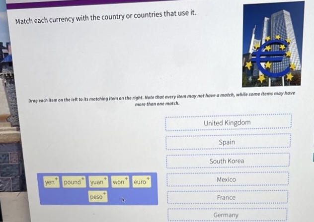 Match each currency with the country or countries that use it.
Drag each item on the left to its matching item on the right. Note that every item may not have a match, while some items may have
more than one match.
yen pound yuan won
peso
euro
United Kingdom
Spain
South Korea
Mexico
France
Germany