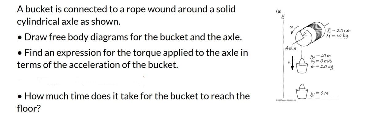 A bucket is connected to a rope wound around a solid
cylindrical axle as shown.
• Draw free body diagrams for the bucket and the axle.
• Find an expression for the torque applied to the axle in
terms of the acceleration of the bucket.
• How much time does it take for the bucket to reach the
floor?
(a)
Axle
Ⓒ2022 Pearson Education, Inc
R=2.0 cm
M=1.0 kg
Yo = 1.0m
Vo = 0 m/s
m = 2.0 kg
y₁
= 0m