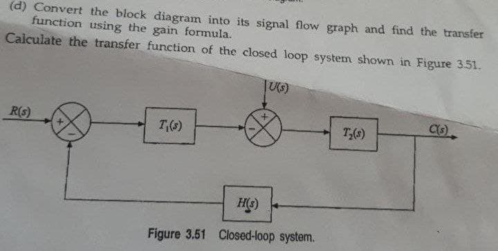 (d) Convert the block diagram into its signal flow graph and find the transfer
function using the gain formula.
Calculate the transfer function of the closed loop system shown in Figure 3.51.
U(s)
R(S)
T₁(s)
T₂(s)
H(s)
Figure 3.51 Closed-loop system.
+