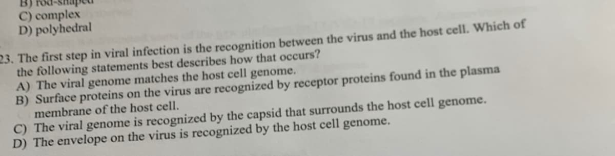 C) complex
D) polyhedral
23. The first step in viral infection is the recognition between the virus and the host cell. Which of
the following statements best describes how that occurs?
A) The viral genome matches the host cell genome.
B) Surface proteins on the virus are recognized by receptor proteins found in the plasma
membrane of the host cell.
C) The viral genome is recognized by the capsid that surrounds the host cell genome.
D) The envelope on the virus is recognized by the host cell genome.
