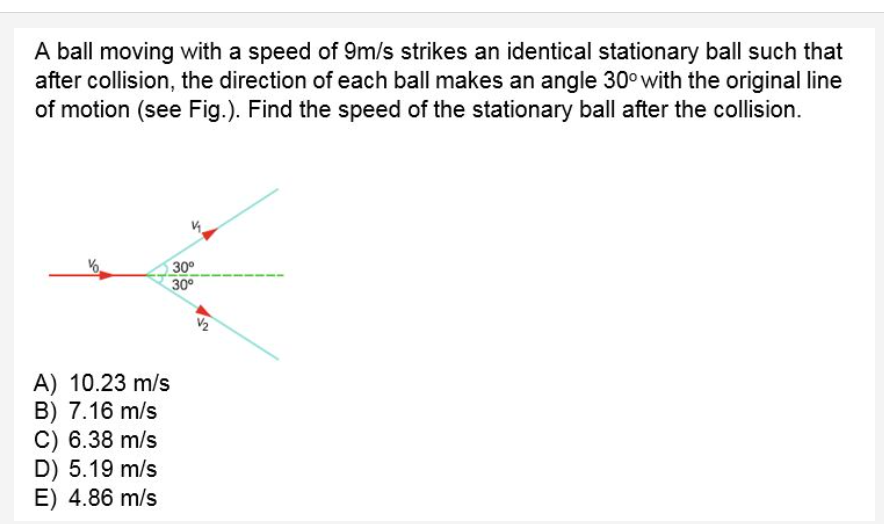 A ball moving with a speed of 9m/s strikes an identical stationary ball such that
after collision, the direction of each ball makes an angle 30° with the original line
of motion (see Fig.). Find the speed of the stationary ball after the collision.
30°
30°
A) 10.23 m/s
B) 7.16 m/s
C) 6.38 m/s
D) 5.19 m/s
E) 4.86 m/s
