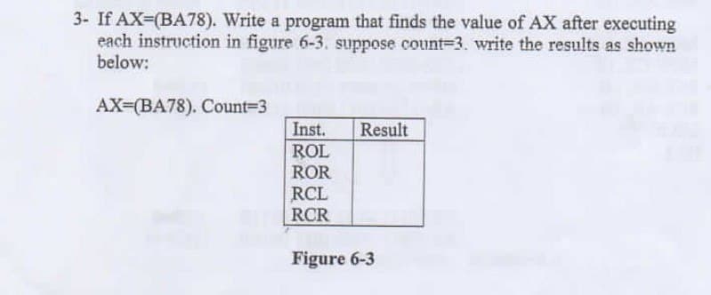 3- If AX=(BA78). Write a program that finds the value of AX after executing
each instruction in figure 6-3. suppose count-3. write the results as shown
below:
AX=(BA78). Count=3
Inst.
Result
ROL
ROR
RCL
RCR
Figure 6-3