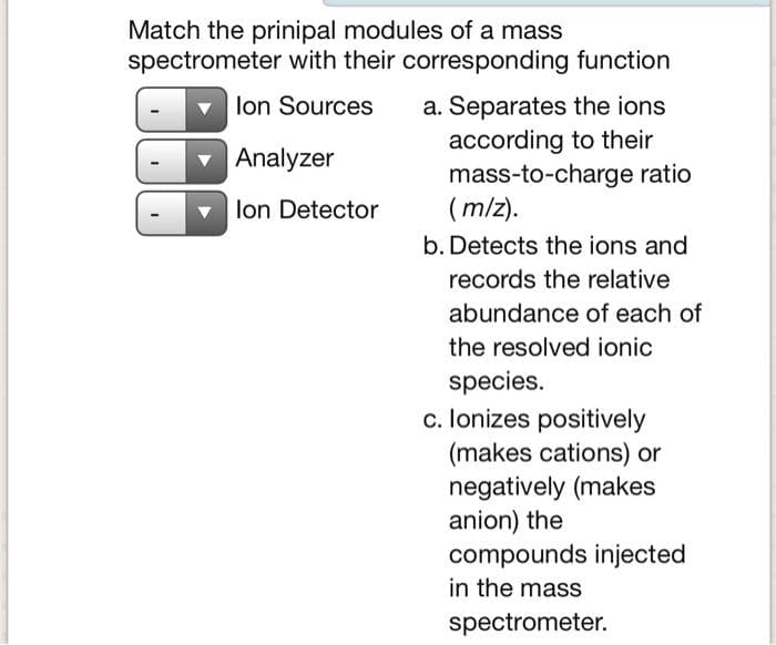 Match the prinipal modules of a mass
spectrometer with their corresponding function
lon Sources
a. Separates the ions
according to their
mass-to-charge ratio
(m/z).
| Analyzer
lon Detector
b. Detects the ions and
records the relative
abundance of each of
the resolved ionic
species.
c. lonizes positively
(makes cations) or
negatively (makes
anion) the
compounds injected
in the masS
spectrometer.
