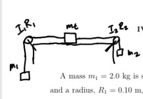 I.R,
mt
Iz R₂
Rame
IV
A mass m₁ = 2.0 kg is :
and a radius, R₁ = 0.10 m,