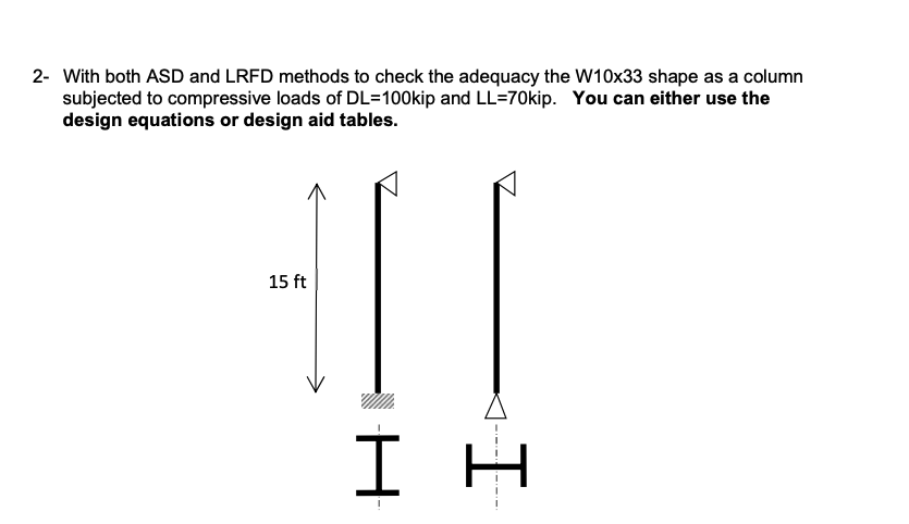 2- With both ASD and LRFD methods to check the adequacy the W10x33 shape as a column
subjected to compressive loads of DL=100kip and LL=70kip. You can either use the
design equations or design aid tables.
15 ft
Ι
Ι