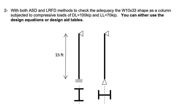 2- With both ASD and LRFD methods to check the adequacy the W10x33 shape as a column
subjected to compressive loads of DL-100kip and LL=70kip. You can either use the
design equations or design aid tables.
15 ft
I H