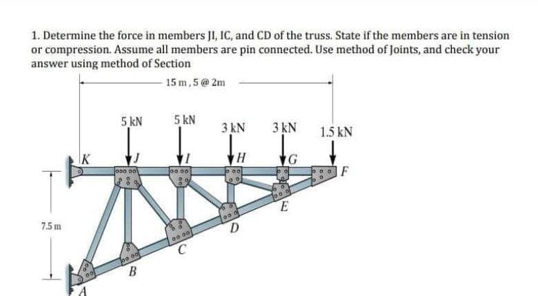 1. Determine the force in members JI, IC, and CD of the truss. State if the members are in tension
or compression. Assume all members are pin connected. Use method of Joints, and check your
answer using method of Section
- 15 m, 5 @ 2m
7.5m
K
00
5 kN
J000 00
si
po oo
B
5 kN
00 00
00 00
C
3 kN
H
D
3 kN
IG
1000
E
1.5 kN
poo F