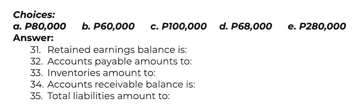 Choices:
a. P80,000 b. P60,000
Answer:
c. P100,000
31. Retained earnings balance is:
32. Accounts payable amounts to:
33. Inventories amount to:
34. Accounts receivable balance is:
35. Total liabilities amount to:
d. P68,000
e. P280,000