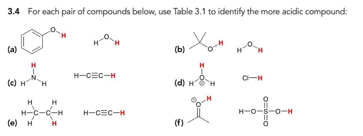 3.4 For each pair of compounds below, use Table 3.1 to identify the more acidic compound:
(a)
H
1
N.
(c) H H
(e)
H
H
H
1
H-C-C-H
H
H
H
H
H-C=C-H
H-C=C-H
(b)
H
O
(d) HH
(f)
H
H
H
H
CI-H
OMSIO
H-O-S-O-H