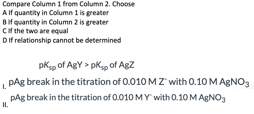 Compare Column 1 from Column 2. Choose
A If quantity in Column 1 is greater
B If quantity in Column 2 is greater
C If the two are equal
D If relationship cannot be determined
pKsp of AgY > pKsp of AgZ
pAg break in the titration of 0.010 M Z with 0.10 M AGNO3
1.
pAg break in the titration of 0.010 M Y with 0.10 M AGNO3
II.
