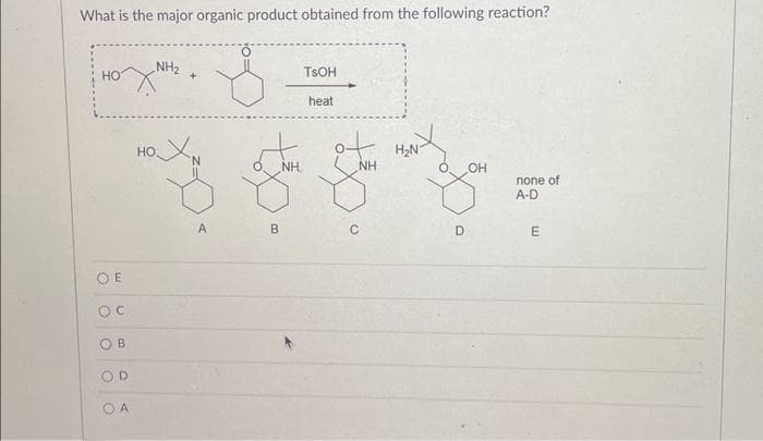 What is the major organic product obtained from the following reaction?
HO
OE
OC
O
B
D
OA
NH₂
HO
+
A
B
NH
TSOH
heat
C
H₂N
D
OH
none of
A-D
E
