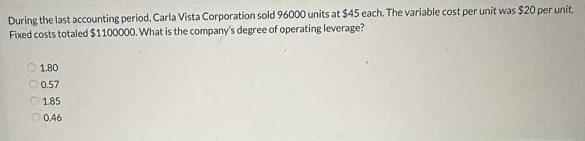 During the last accounting period, Carla Vista Corporation sold 96000 units at $45 each. The variable cost per unit was $20 per unit.
Fixed costs totaled $1100000. What is the company's degree of operating leverage?
0000
1.80
0.57
1.85
0.46