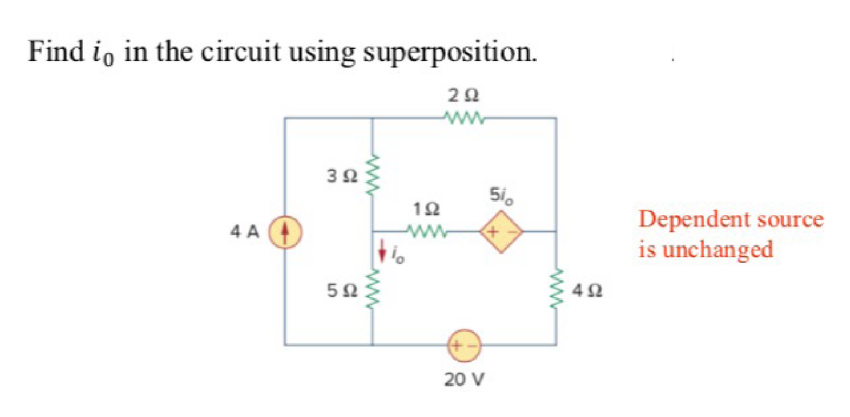 Find to in the circuit using superposition.
20
www
4 A
392
512
wwww.
12
510
+
20 V
ww
402
Dependent source
is unchanged