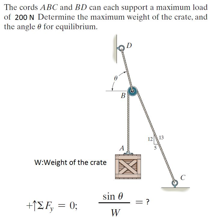 The cords ABC and BD can each support a maximum load
of 200 N Determine the maximum weight of the crate, and
the angle 0 for equilibrium.
В
12
13
A
5
W:Weight of the crate
sin 0
+1EF, = 0;
= ?
W
