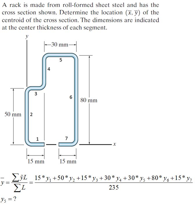 A rack is made from roll-formed sheet steel and has the
cross section shown. Determine the location (x, y) of the
centroid of the cross section. The dimensions are indicated
at the center thickness of each segment.
-30 mm-
4
3
80 mm
50 mm
1
7
15 mm
15 mm
15 * y, +50* y2 +15 * y, + 30 * y4 +30* ys +80* y6+15* y,
235
Ys = ?
2.
