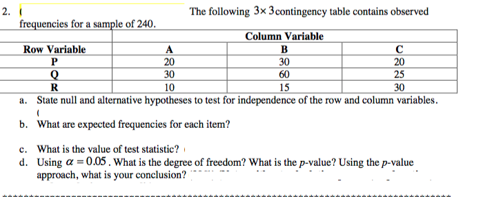 The following 3x 3 contingency table contains observed
2.
frequencies for a sample of 240.
Column Variable
Row Variable
A
20
30
30
20
25
30
60
10
15
a. State null and alternative hypotheses to test for independence of the row and column variables.
b. What are expected frequencies for each item?|
c. What is the value of test statistic?
d. Using a = 0.05 . What is the degree of freedom? What is the p-value? Using the p-value
approach, what is your conclusion? |

