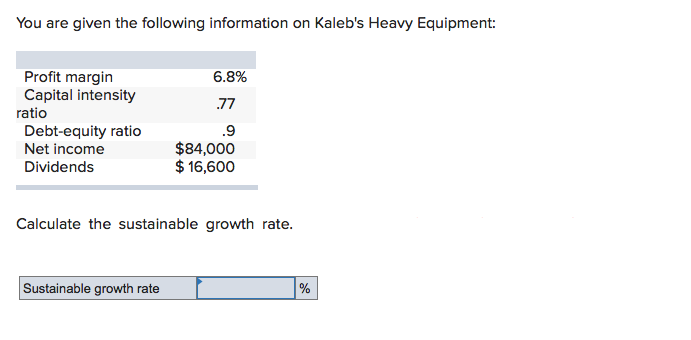 You are given the following information on Kaleb's Heavy Equipment:
Profit margin
Capital intensity
ratio
6.8%
77
Debt-equity ratio
Net income
.9
$84,000
$ 16,600
Dividends
Calculate the sustainable growth rate.
Sustainable growth rate
%
