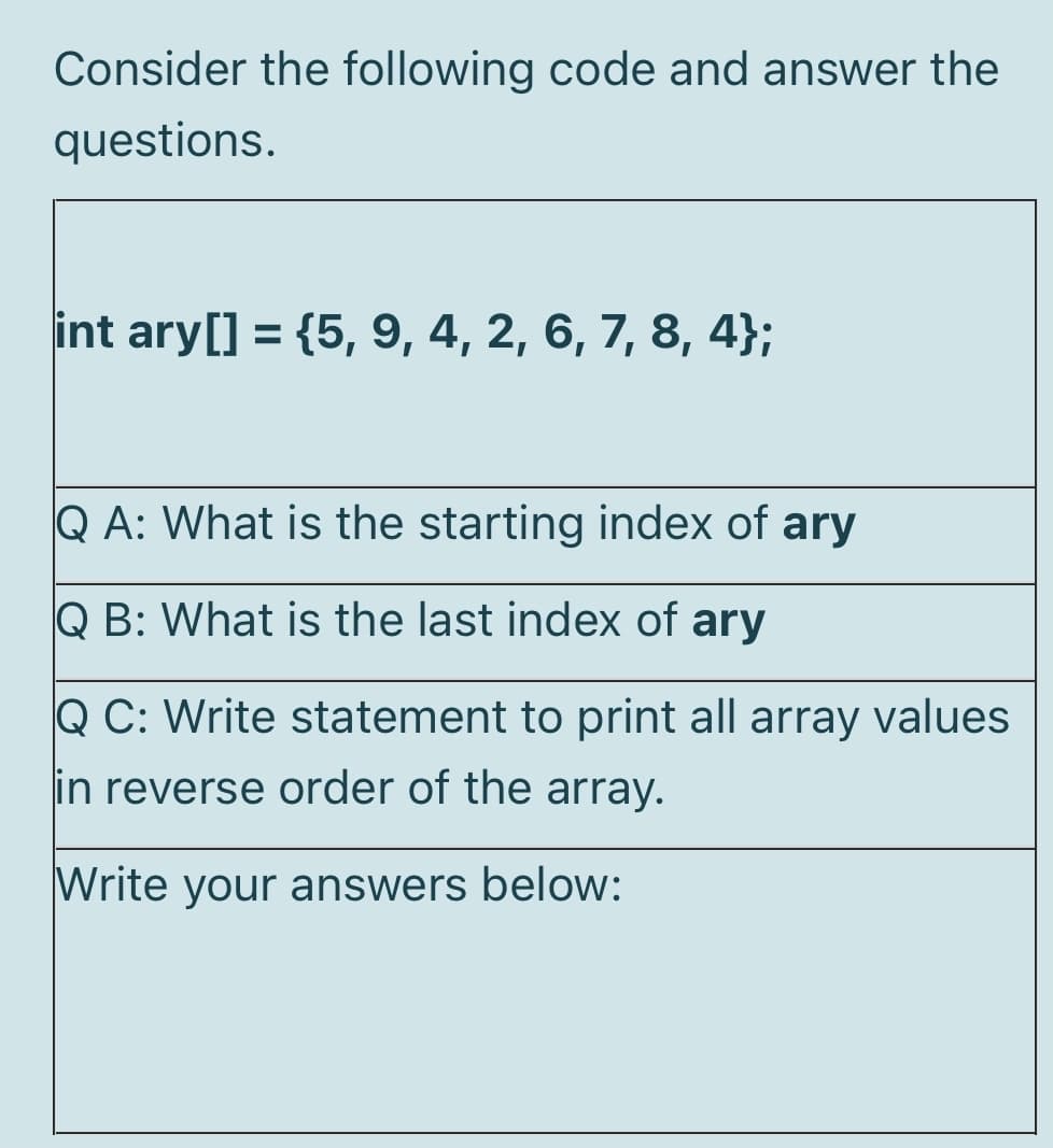 Consider the following code and answer the
questions.
int ary[] = {5, 9, 4, 2, 6, 7, 8, 4};
Q A: What is the starting index of ary
Q B: What is the last index of ary
Q C: Write statement to print all array values
in reverse order of the array.
Write your answers below:
