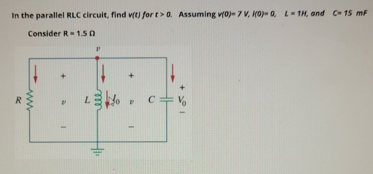 In the parallel RLC circuit, find v(t) for t> 0. Assuming v(0)= 7 V, i(0)= 0, L= 1H, and C= 15 mF
Consider R = 1.5 Q
