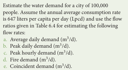 Estimate the water demand for a city of 100,000
people. Assume the annual average consumption rate
is 647 liters per capita per day (Lpcd) and use the flow
ratios given in Table 6.4 for estimating the following
flow rates:
a. Average daily demand (m³/d).
b. Peak daily demand (m³/d).
c. Peak hourly demand (m³/d).
d. Fire demand (m³/d).
e. Coincident demand (m³/d).