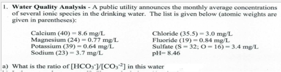 1. Water Quality Analysis - A public utility announces the monthly average concentrations
of several ionic species in the drinking water. The list is given below (atomic weights are
given in parentheses):
Calcium (40) = 8.6 mg/L
Magnesium (24)=0.77 mg/L
Potassium (39) = 0.64 mg/L
Sodium (23) = 3.7 mg/L
a) What is the ratio of [HCO3]/[CO3²] in this water
Chloride (35.5) -3.0 mg/L
Fluoride (19)- 0.84 mg/L
Sulfate (S-32; O=16)= 3.4 mg/L
pH=8.46