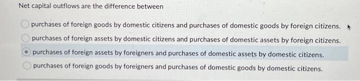 Net capital outflows are the difference between
purchases of foreign goods by domestic citizens and purchases of domestic goods by foreign citizens.
purchases of foreign assets by domestic citizens and purchases of domestic assets by foreign citizens.
purchases of foreign assets by foreigners and purchases of domestic assets by domestic citizens.
purchases of foreign goods by foreigners and purchases of domestic goods by domestic citizens.