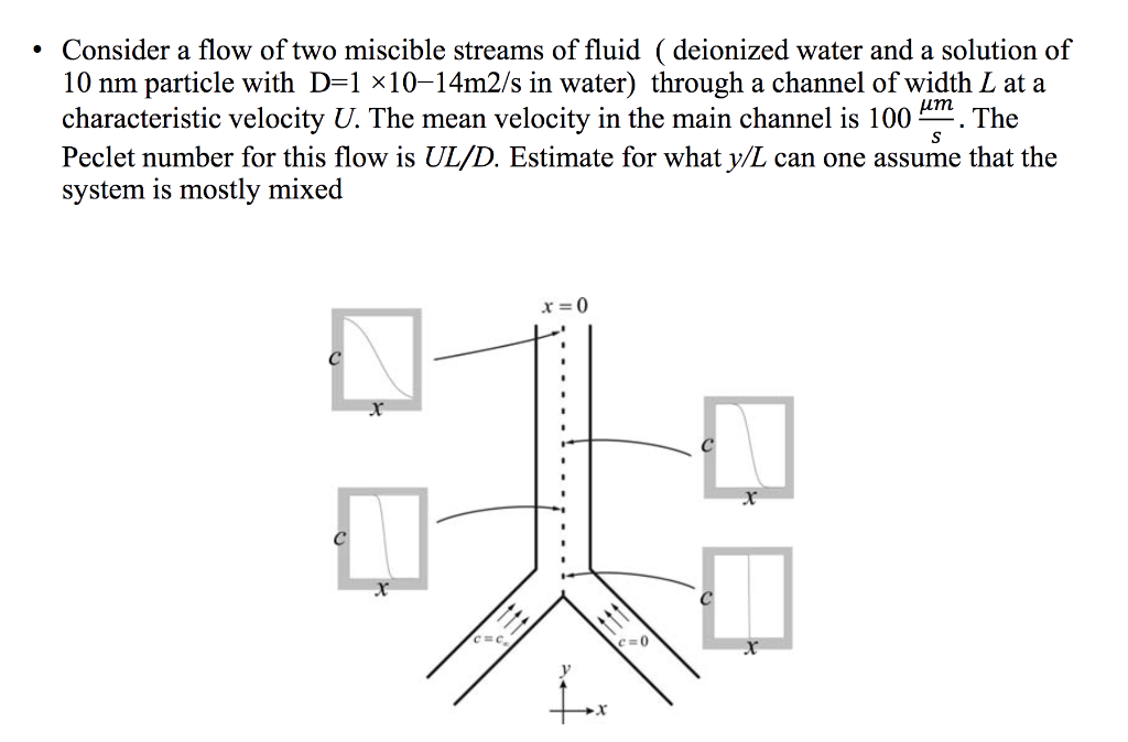 • Consider a flow of two miscible streams of fluid ( deionized water and a solution of
10 nm particle with D=1 ×10–14m2/s in water) through a channel of width L at a
characteristic velocity U. The mean velocity in the main channel is 100
um
The
Peclet number for this flow is UL/D. Estimate for what y/L can one assume that the
system is mostly mixed
x = 0
C=0
