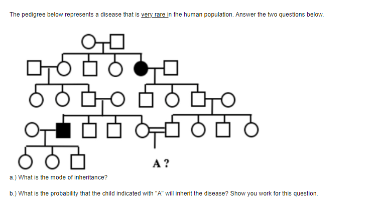The pedigree below represents a disease that is very rare in the human population. Answer the two questions below.
A ?
a.) What is the mode of inheritance?
b.) What is the probability that the child indicated with "A" will inherit the disease? Show you work for this question.
