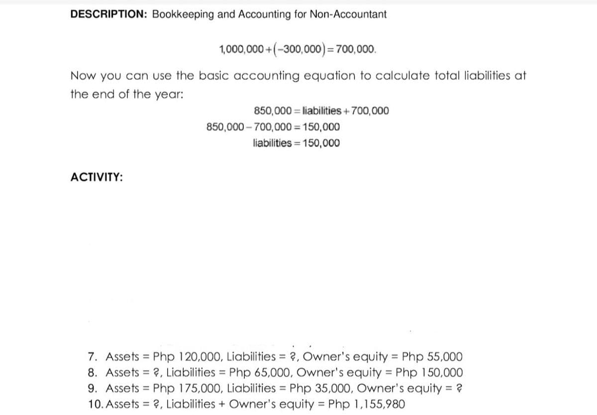 DESCRIPTION: Bookkeeping and Accounting for Non-Accountant
1,000,000+(-300,000) = 700,000.
Now you can use the basic accounting equation to calculate total liabilities at
the end of the year:
ACTIVITY:
850,000 liabilities + 700,000
850,000-700,000 = 150,000
liabilities = 150,000
7. Assets = Php 120,000, Liabilities = ?, Owner's equity = Php 55,000
8. Assets ?, Liabilities = Php 65,000, Owner's equity = Php 150,000
9. Assets Php 175,000, Liabilities = Php 35,000, Owner's equity = ?
10. Assets = ?, Liabilities + Owner's equity = Php 1,155,980