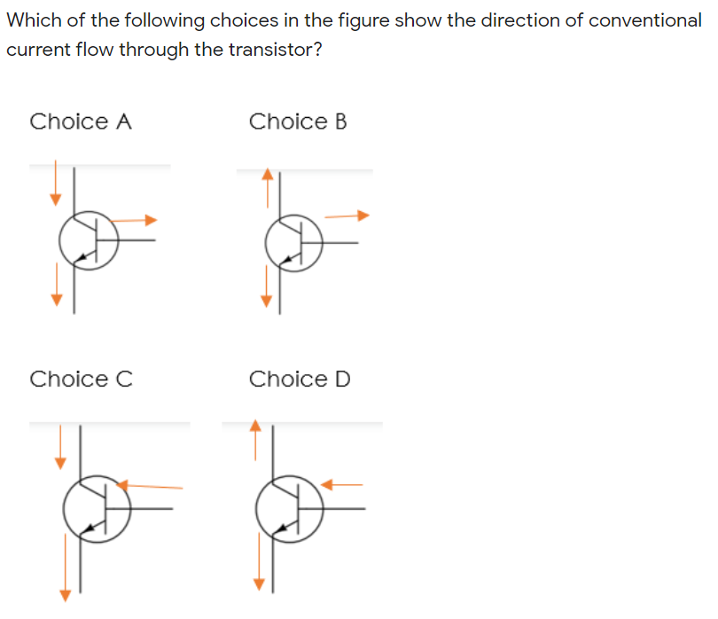 Which of the following choices in the figure show the direction of conventional
current flow through the transistor?
Choice A
Choice B
Choice C
Choice D
