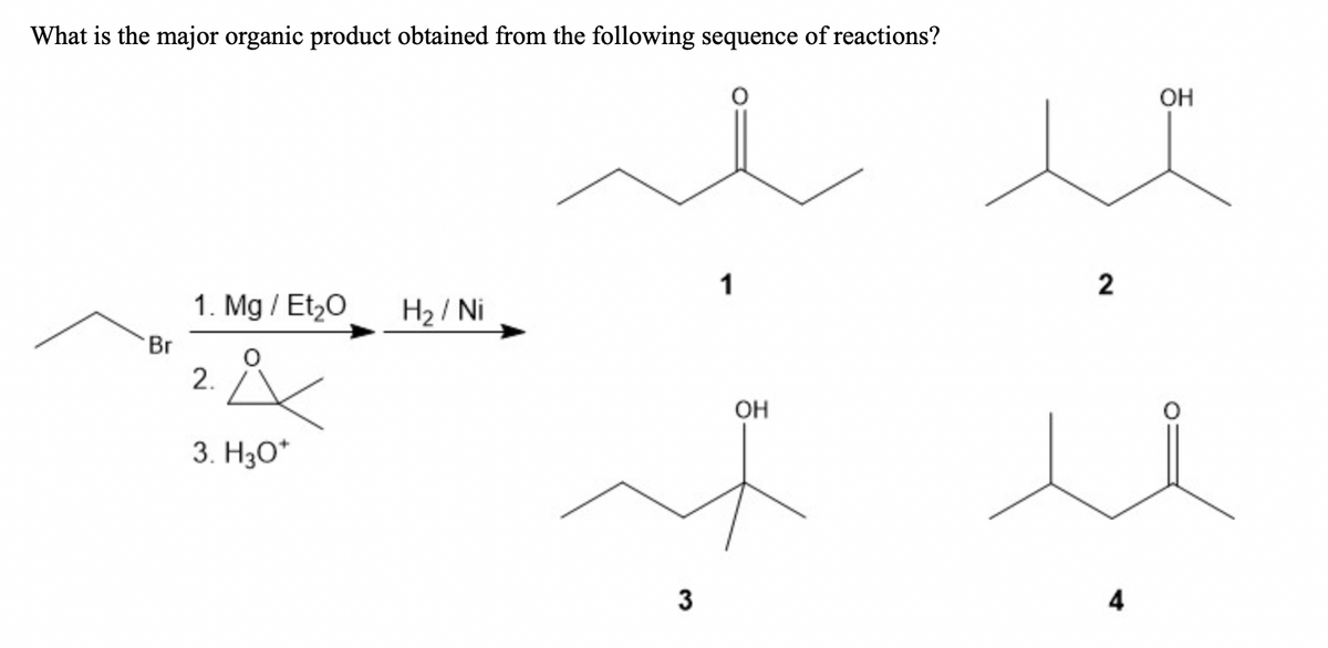 What is the major organic product obtained from the following sequence of reactions?
1
1. Mg / Et₂O
H₂/Ni
2.
i
3. H30*
Br
3
OH
2
4
OH