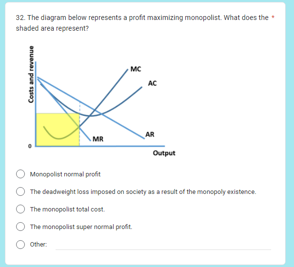 32. The diagram below represents a profit maximizing monopolist. What does the *
shaded area represent?
Costs and revenue
MR
MC
AC
AR
Output
Monopolist normal profit
The deadweight loss imposed on society as a result of the monopoly existence.
The monopolist total cost.
The monopolist super normal profit.
Other: