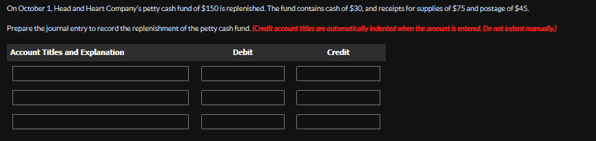 On October 1, Head and Heart Company's petty cash fund of $150 is replenished. The fund contains cash of $30, and receipts for supplies of $75 and postage of $45.
Prepare the journal entry to record the replenishment of the petty cash fund. (Credit account titles are automatically indented when the amount is entered. Do not indent manually.)
Account Titles and Explanation
Debit
Credit