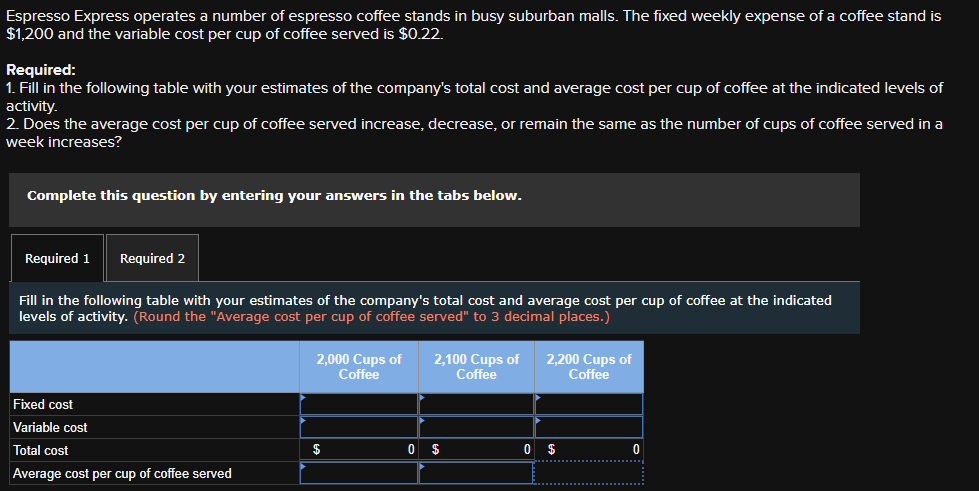 Espresso Express operates a number of espresso coffee stands in busy suburban malls. The fixed weekly expense of a coffee stand is
$1,200 and the variable cost per cup of coffee served is $0.22.
Required:
1. Fill in the following table with your estimates of the company's total cost and average cost per cup of coffee at the indicated levels of
activity.
2. Does the average cost per cup of coffee served increase, decrease, or remain the same as the number of cups of coffee served in a
week increases?
Complete this question by entering your answers in the tabs below.
Required 1 Required 2
Fill in the following table with your estimates of the company's total cost and average cost per cup of coffee at the indicated
levels of activity. (Round the "Average cost per cup of coffee served" to 3 decimal places.)
Fixed cost
Variable cost
Total cost
Average cost per cup of coffee served
2,000 Cups of
Coffee
2,100 Cups of 2,200 Cups of
Coffee
Coffee
0 $
0
$
0