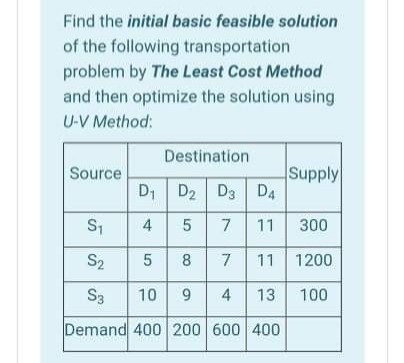 Find the initial basic feasible solution
of the following transportation
problem by The Least Cost Method
and then optimize the solution using
U-V Method:
Destination
Source
Supply
D1 D2 D3 D4
11
300
S2
5
8
7
11 1200
S3
10 9
13 100
Demand 400 200 600 400
7.
4.
4.

