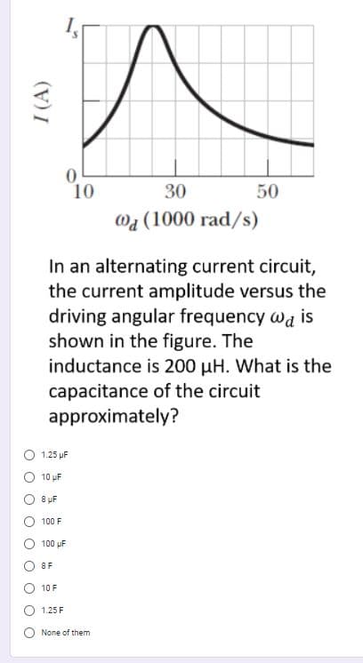 10
30
50
Wa (1000 rad/s)
In an alternating current circuit,
the current amplitude versus the
driving angular frequency wa is
shown in the figure. The
inductance is 200 µH. What is the
capacitance of the circuit
approximately?
1.25 µF
10 pF
8 uF
100 F
100 uF
8F
10 F
1.25 F
None of them
I (A)
