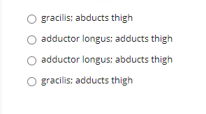 gracilis; abducts thigh
adductor longus; adducts thigh
adductor longus; abducts thigh
O gracilis; adducts thigh
