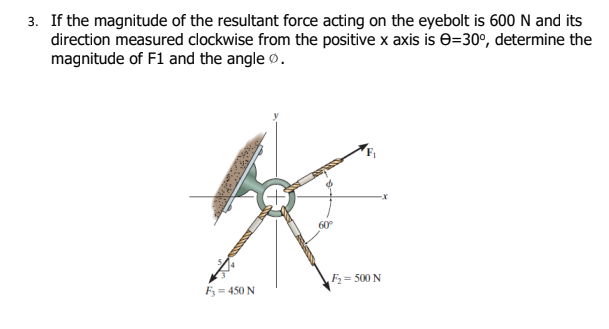 3. If the magnitude of the resultant force acting on the eyebolt is 600 N and its
direction measured clockwise from the positive x axis is e=30°, determine the
magnitude of F1 and the angle .
60°
F= 500 N
F = 450 N
