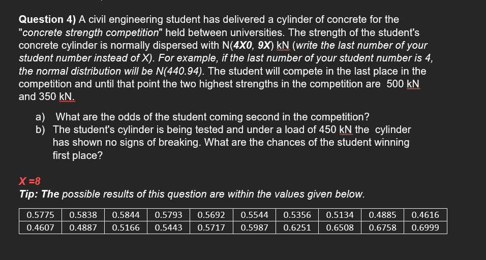 Question 4) A civil engineering student has delivered a cylinder of concrete for the
"concrete strength competition" held between universities. The strength of the student's
concrete cylinder is normally dispersed with N(4X0, 9X) kN (write the last number of your
student number instead of X). For example, if the last number of your student number is 4,
the normal distribution will be N(440.94). The student will compete in the last place in the
competition and until that point the two highest strengths in the competition are 500 kN
and 350 kN.
a) What are the odds of the student coming second in the competition?
b) The student's cylinder is being tested and under a load of 450 kN the cylinder
has shown no signs of breaking. What are the chances of the student winning
first place?
X =8
Tip: The possible results of this question are within the values given below.
0.5775
0.5838
0.5844
0.5793
0.5692
0.5544
0.5356
0.5134
0.4885
0.4616
0.4607
0.4887
0.5166
0.5443
0.5717
0.5987
0.6251
0.6508
0.6758
0.6999
